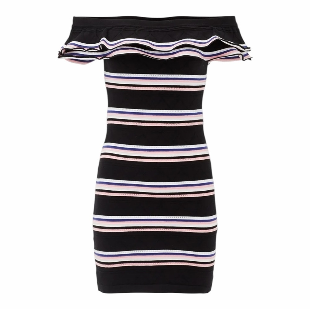 MSGM Milano Friday Frill Off the Shoulder Striped Bodycon Mini Dress. Size Large